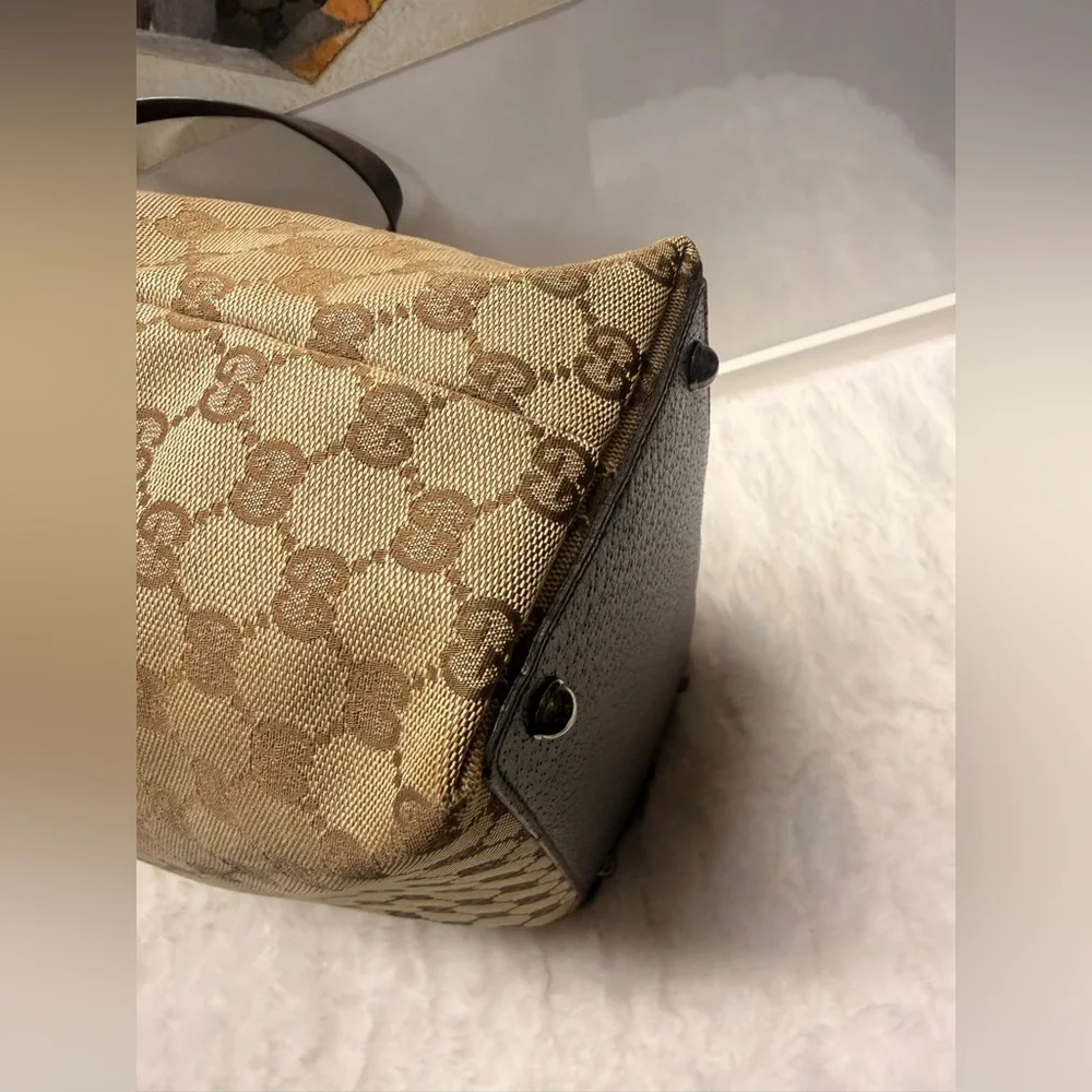 GUCCI-120836 002058 Beige Monogram Canvas Tote with Brown Leather Handle - Picture 14 of 14